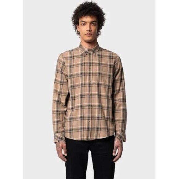 NUDIE JEANS CO Men Chuck Plaid Twill Shirt Sz L Brown Button Front Checker 23-7 - Picture 2 of 11